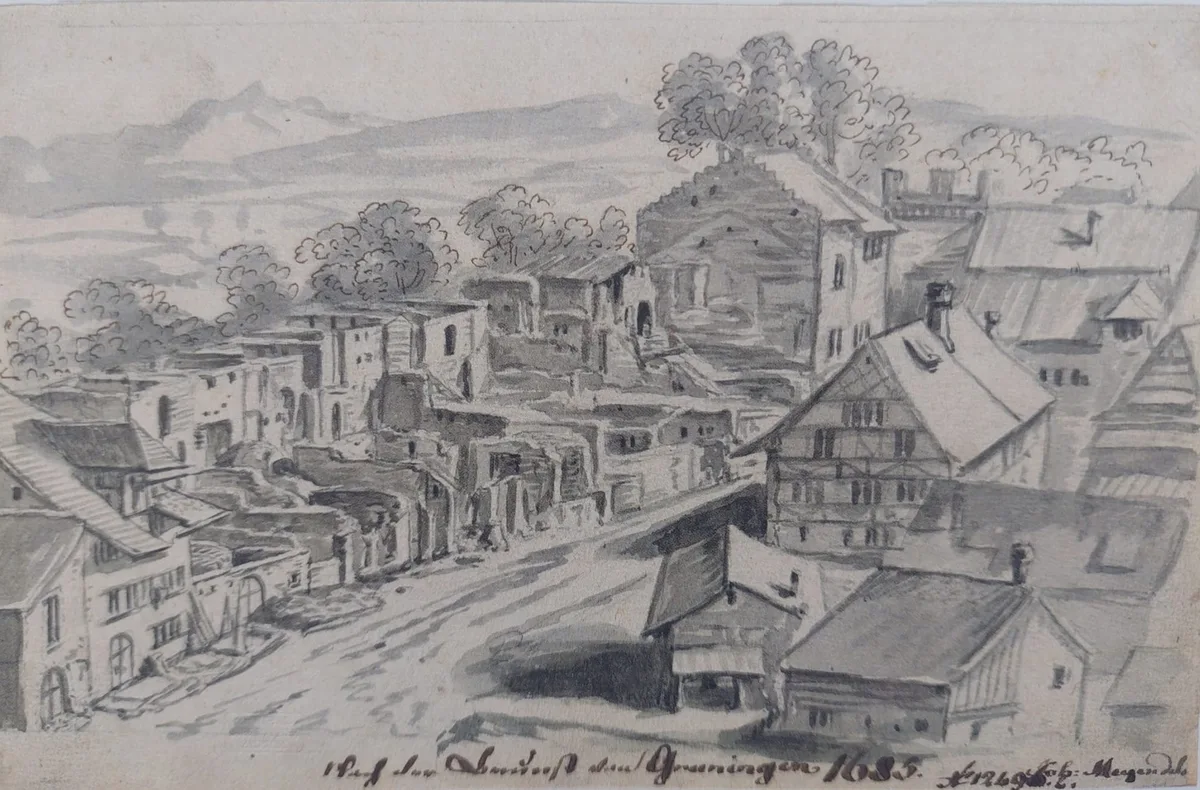 So stellte der Zeitzeuge Johannes Meyer den «Stedtlibrand»1685 dar. Man sieht eine historische Darstellung der abgebrannten Häuserreihe vom Jahre 1685 in Grüningen.